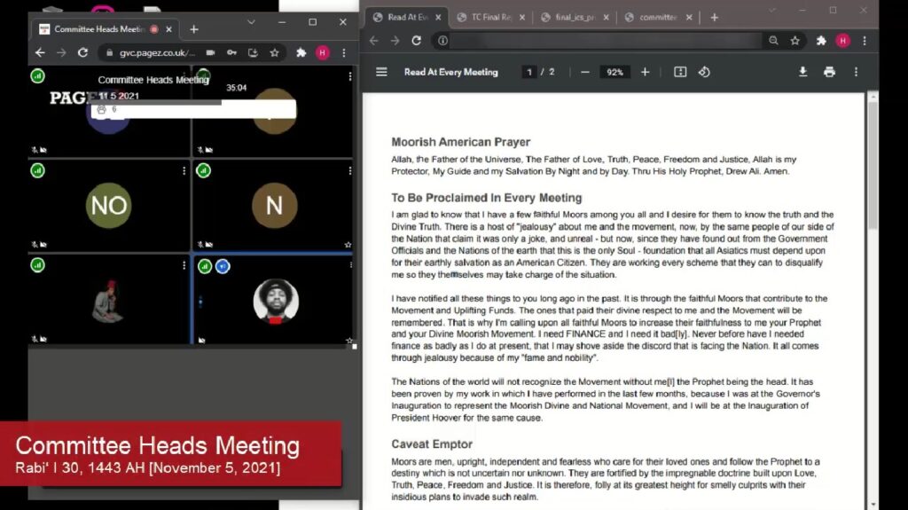 Interim Special Committee - Moorish Constitutional Convention - Committee Heads Meeting - November 5, 2021